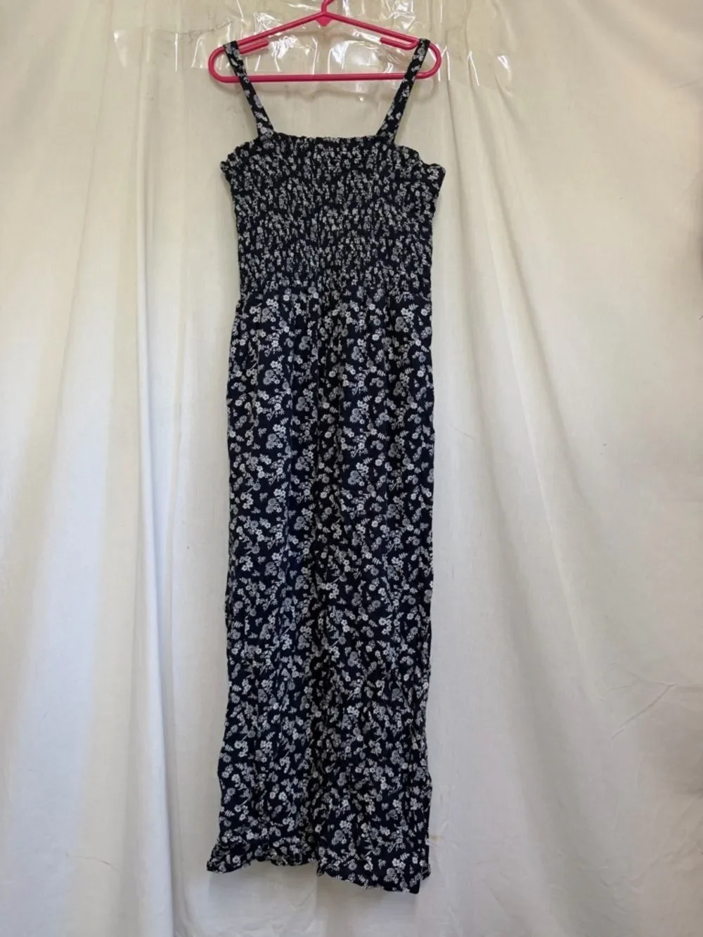 Aqua Girls Blue White Floral Print Smocked Sleeveless Jumpsuit Size L